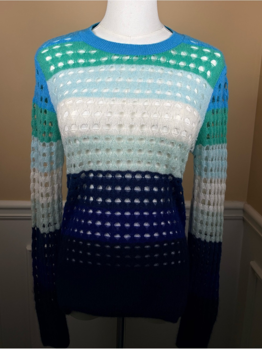 Striped Open-Weave Crewneck Sweater in Blue, Aqua & White